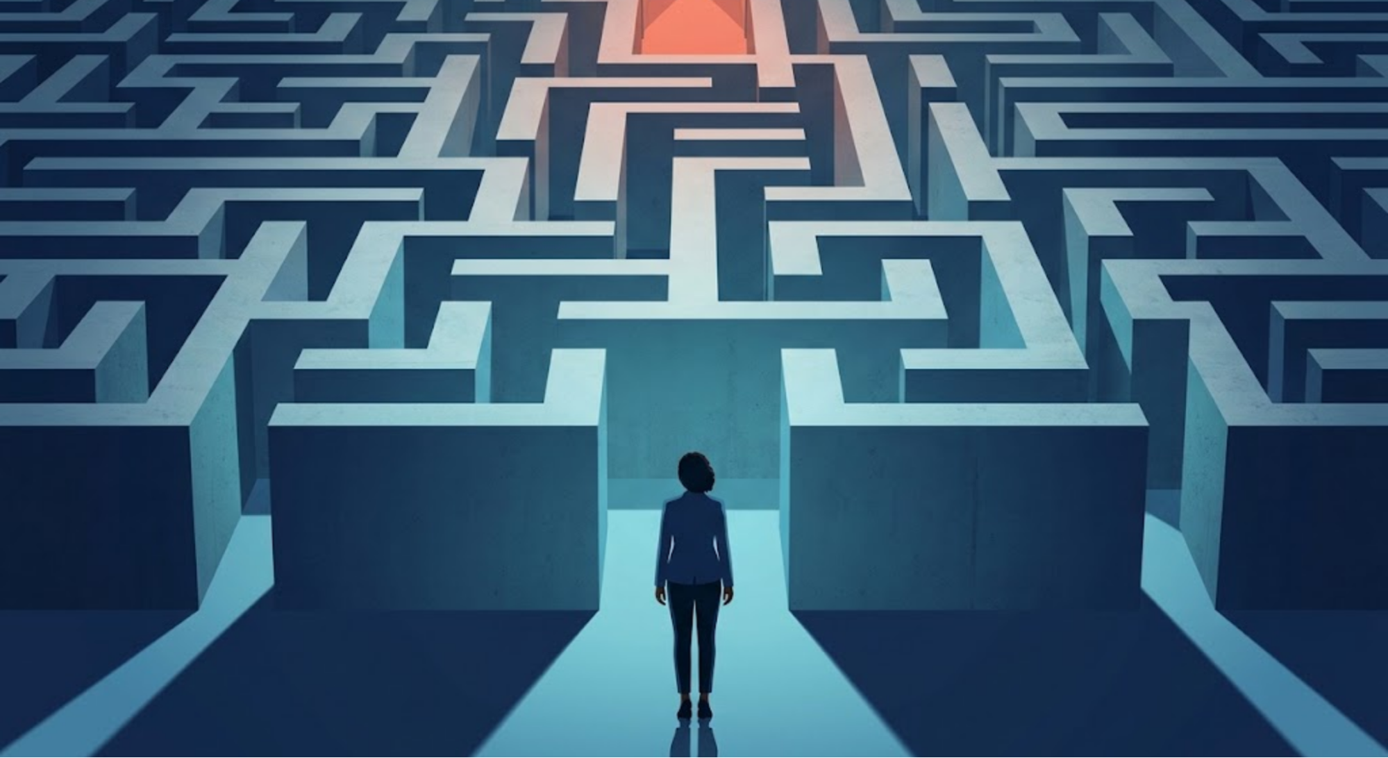 Illustration of a woman in a suit standing at the entrance of a large maze, facing a glowing exit in the distance