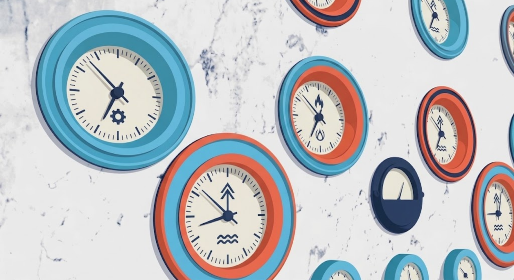 A wall of clocks with Change Research iconography on their faces