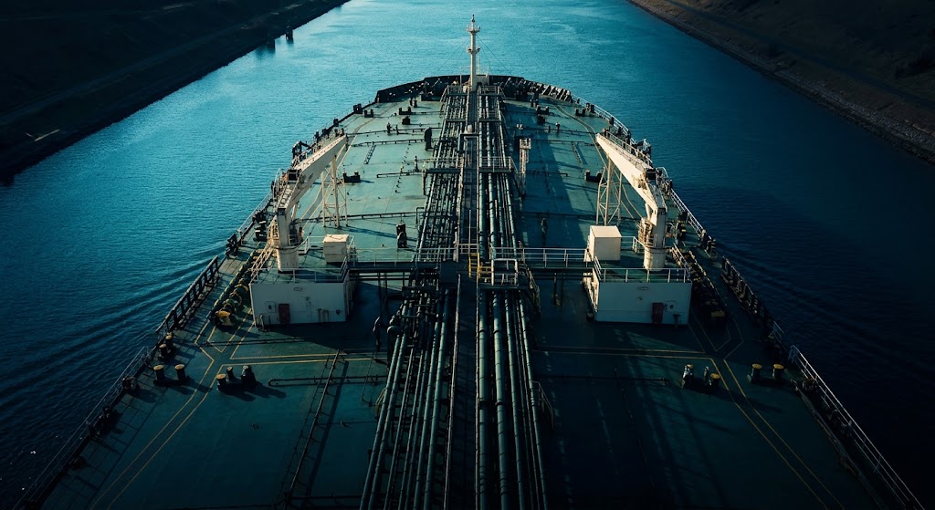 View from the bow of a loaded oil tanker under way in a narrow shipping channel