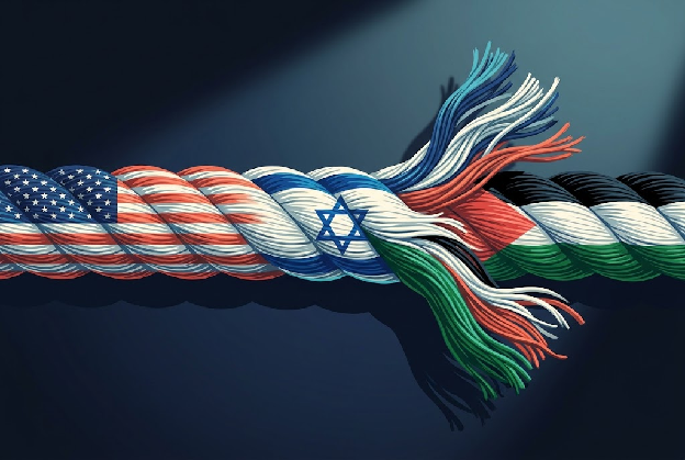 Illustration of a braided rope patterned with the U.S., Israeli, and Palestinian flags, fraying apart at one end