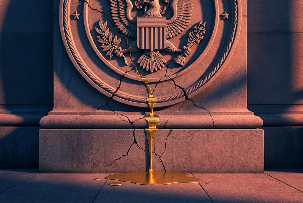 A cracked stone facade bearing the Great Seal of the United States, with molten gold pouring out of the fissure and pooling on the ground
