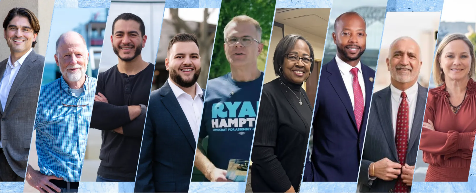 Portraits of the nine 2026 Democratic primary winners Change Research polled for